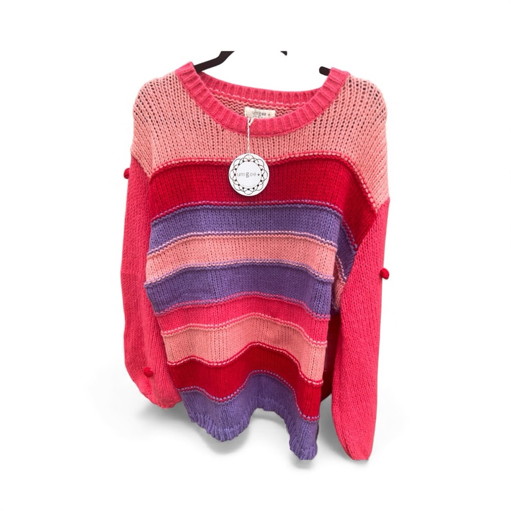 NWT Umgee Pink‎ Purple Red Striped Sweater Size 1XL with Pom Poms on  Sleeves